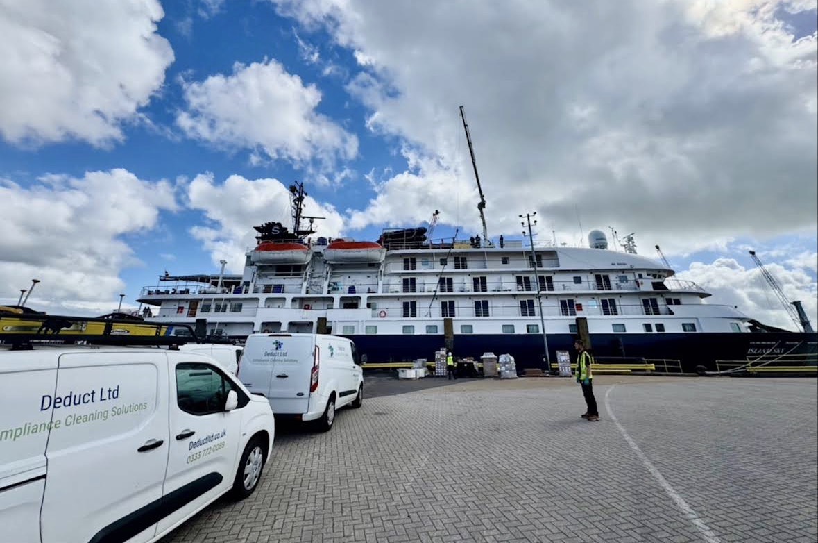 Commercial passenger vessel in port for marine HVAC and galley extract cleaning by Deduct Ltd